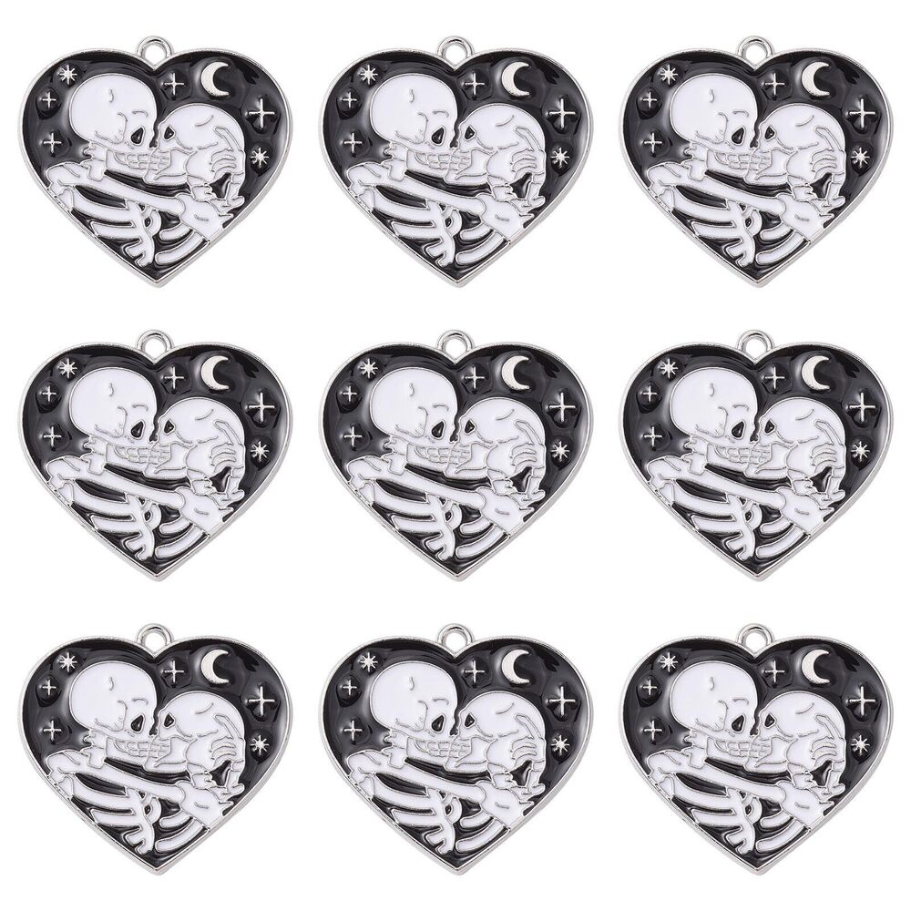 5595 20 Pcs Black Heart Skeleton Alloy Enamel Charms White Couple Hug Bone
